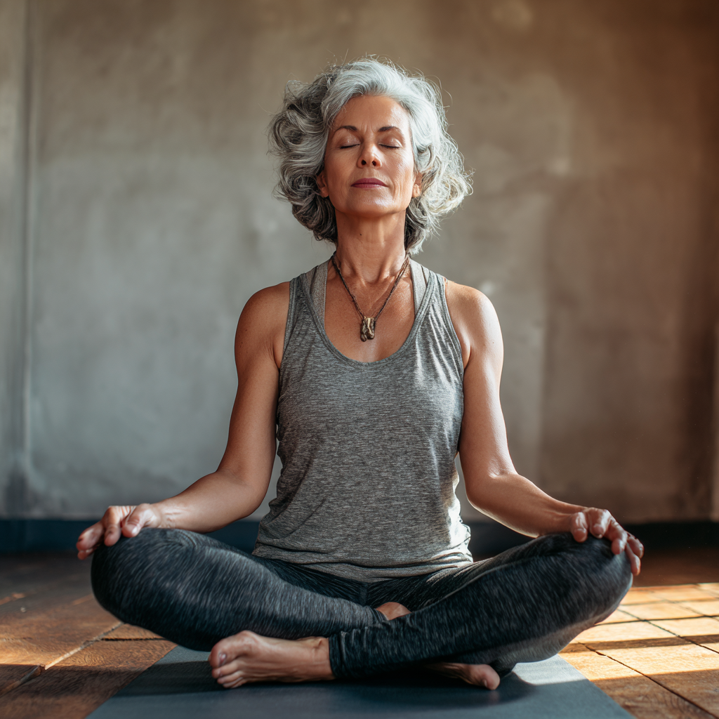 Жінка 55 років виконує асану лотоса на килимку, спокійне обличчя, сивина у волоссі, в зручному спортивному одязі