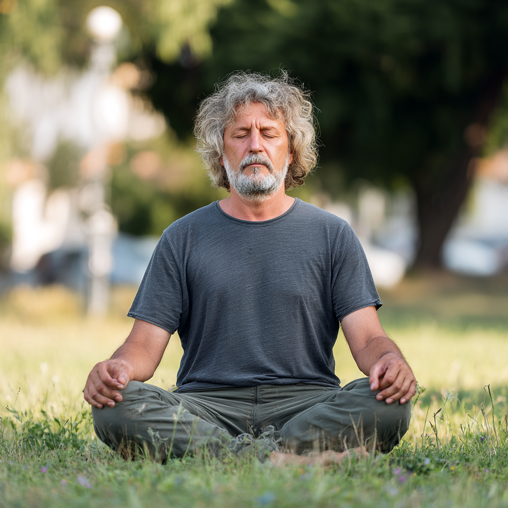 Чоловік 58 років у позі медитації на природі, сіде волосся, спокійний вираз обличчя, схрещені ноги на траві